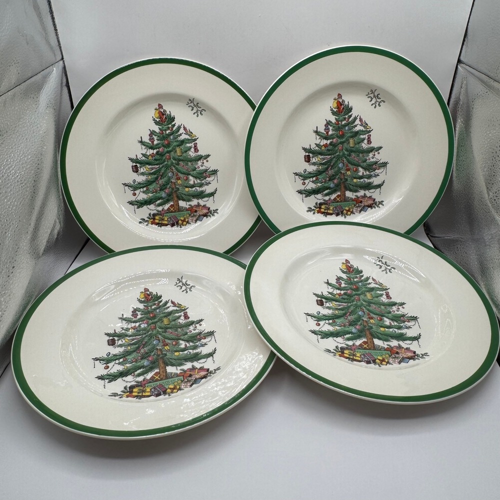 Spode Christmas Tree Dinner Plates Set of 4 10.5in White Green S3324 England